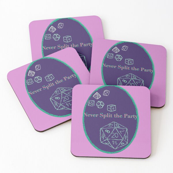 Item preview, Never Split the Party Pink and Green Text on Purple Badge - TTRPG designed and sold by jolabrese.