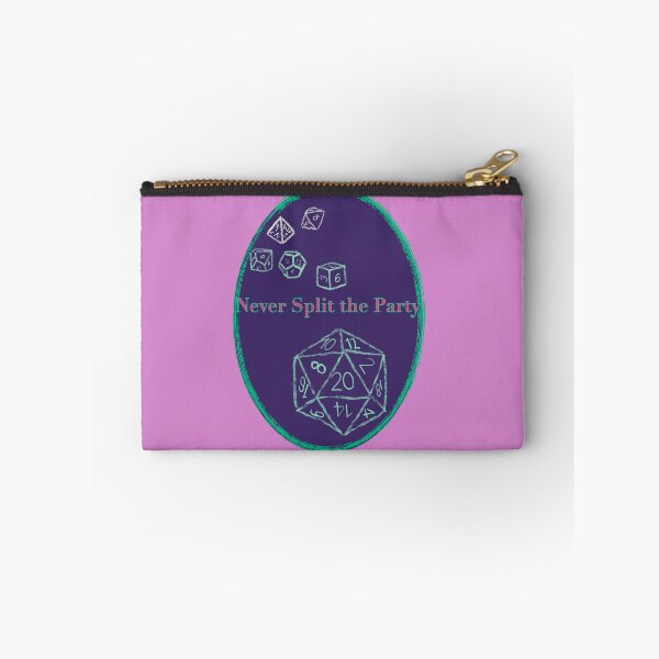 Item preview, Never Split the Party Pink and Green Text on Purple Badge - TTRPG designed and sold by jolabrese.