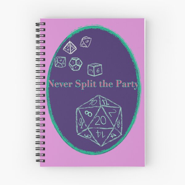 Item preview, Never Split the Party Pink and Green Text on Purple Badge - TTRPG designed and sold by jolabrese.