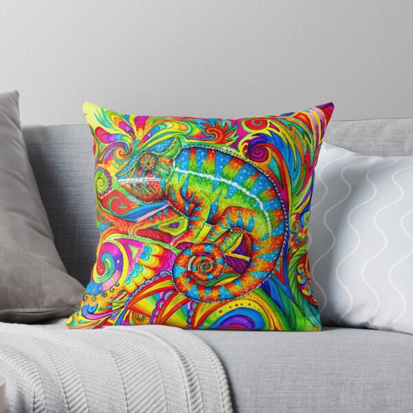 Psychedelizard Psychedelic Chameleon Colorful Rainbow Lizard Throw Pillow