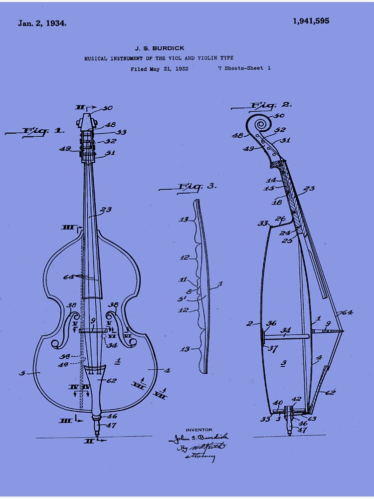 "Vintage 1934 Violin Patent Art Invented by J.S Burdick." Sticker for