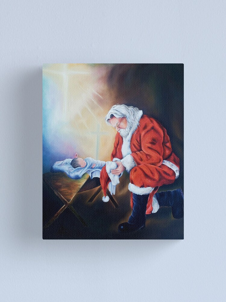 "Santa kneeling at the manger oil painting" Canvas Print for Sale by