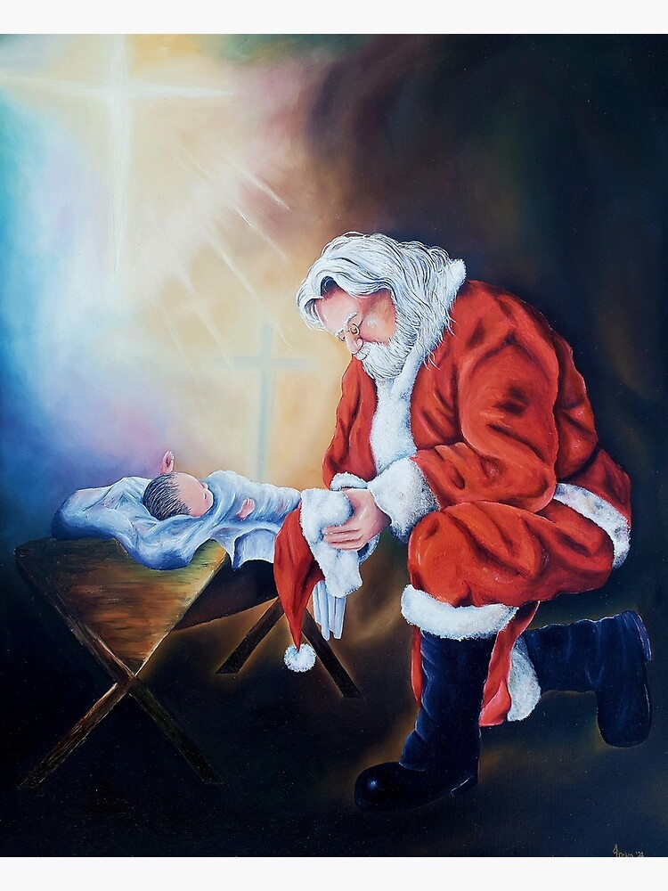 Santa Kneeling At The Manger Oil Painting Poster For Sale By