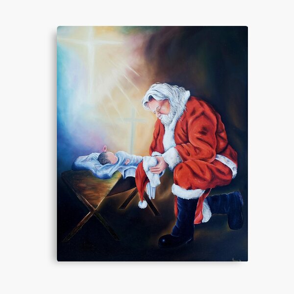 "Santa kneeling at the manger oil painting" Canvas Print for Sale by