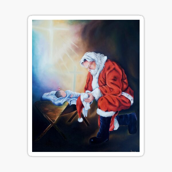 Santa kneeling at the manger oil painting Sticker