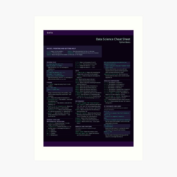 "data science cheat sheet,python " Art Print for Sale by radium45 ...