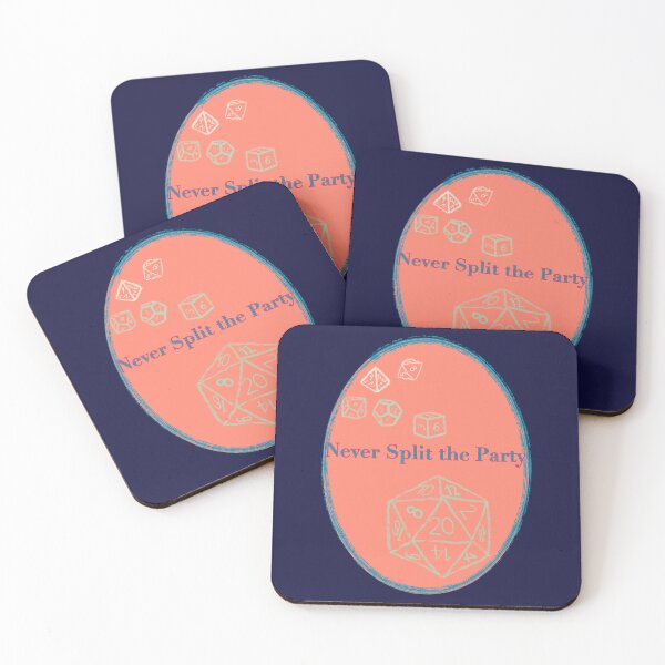Item preview, Never Split the Party Blue Text on Peach Badge - TTRPG designed and sold by jolabrese.