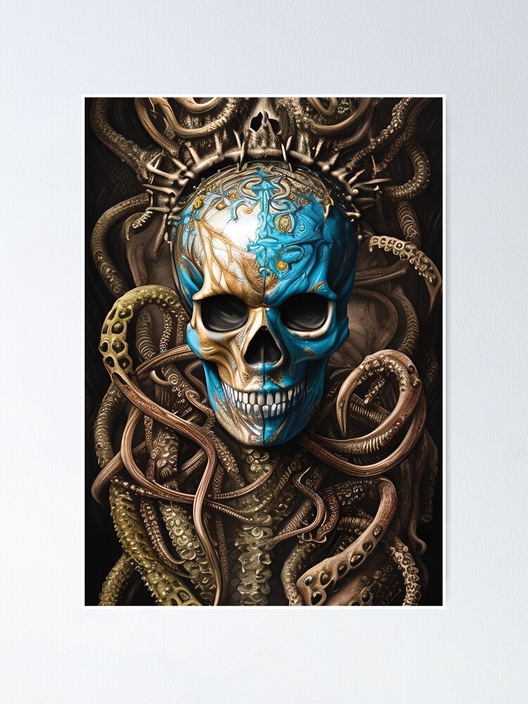 Blue and Gold Skull | Skull and Tentacles Artwork | Armored Skull |  Dystopian Skull | Warrior Skull | Poster