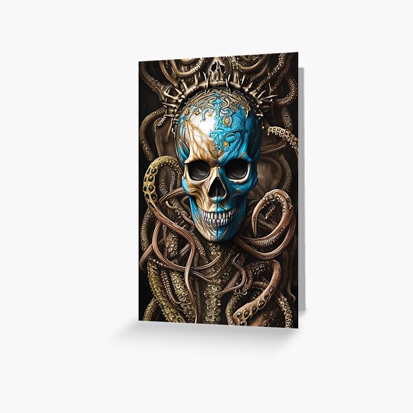 Blue and Gold Skull | Skull and Tentacles Artwork | Armored Skull |  Dystopian Skull | Warrior Skull | Poster