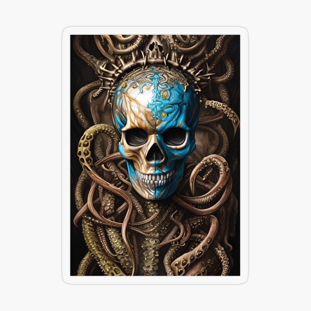 Blue and Gold Skull | Skull and Tentacles Artwork | Armored Skull |  Dystopian Skull | Warrior Skull | Poster