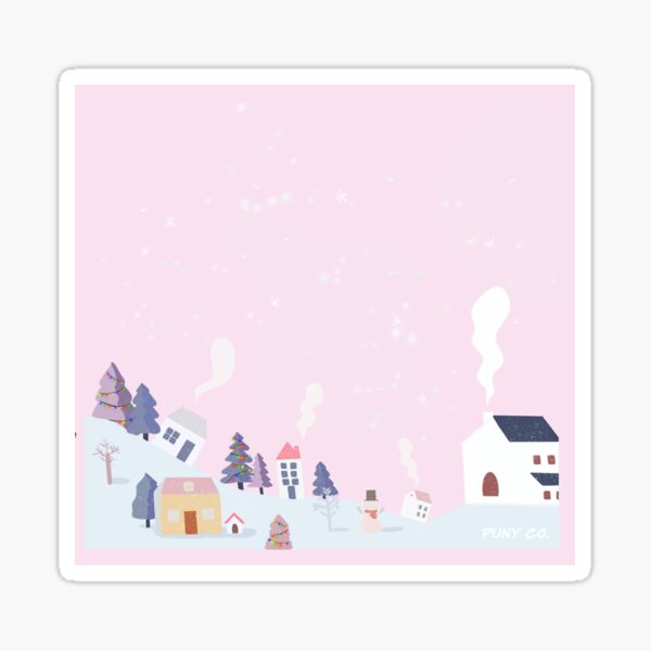 Christmas Snowy Village Illustration | Pastel Pink | Seasonal Art Sticker