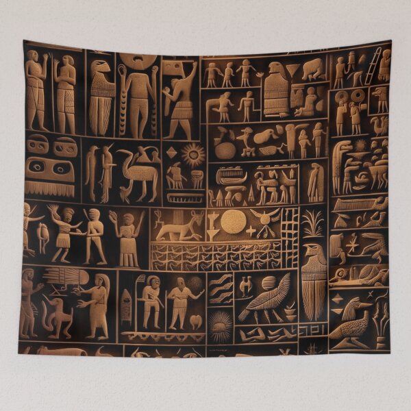 Item preview, Ancient Sumerian pictographs of olden rituals and people a black and orange pattern designed and sold by ArtifactVault.