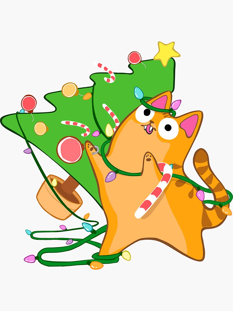 "Christmas Zoomies Cat Orange Tabby Knocking Over Xmas Tree with Candy