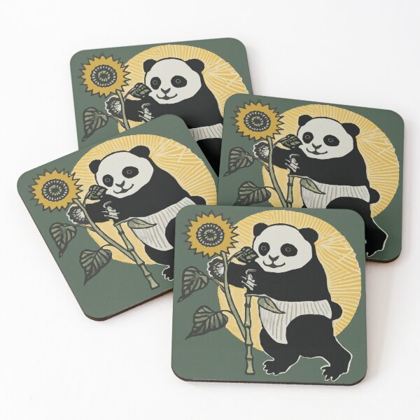 Artikelvorschau, Lächelnder Panda im Ukiyo-e-Stil, der eine Sonnenblume mit der Sonne hinter sich hält entworfen und verkauft von pelagio.