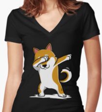 Dabbing Shiba Inu Funny Women's Fitted V-Neck T-Shirt