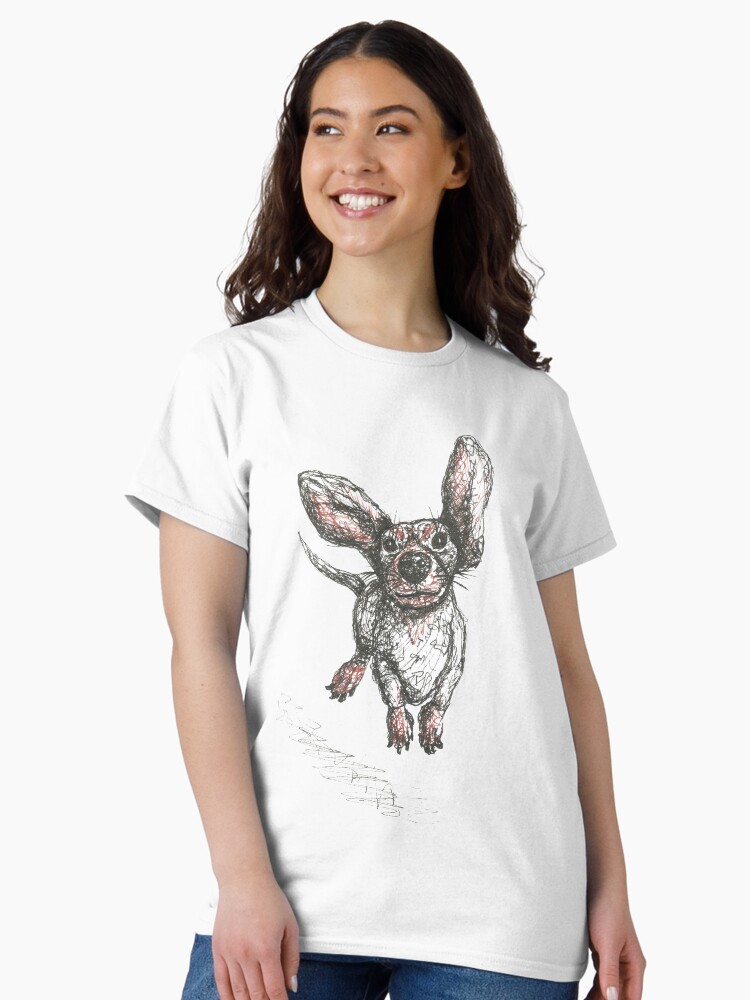 Thumbnail 1 of 7, Classic T-Shirt, Dachshund running, pen and ink illustration. Sausage dog, doxie, weiner. designed and sold by CandyMedusa.
