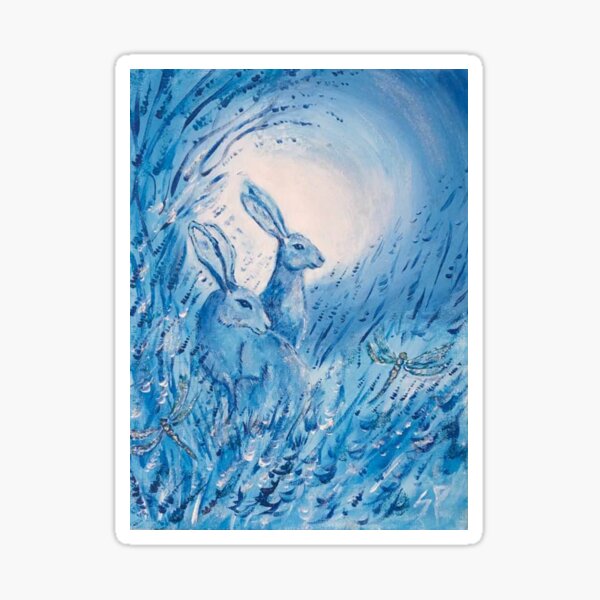 Blue hares in moonlight Sticker
