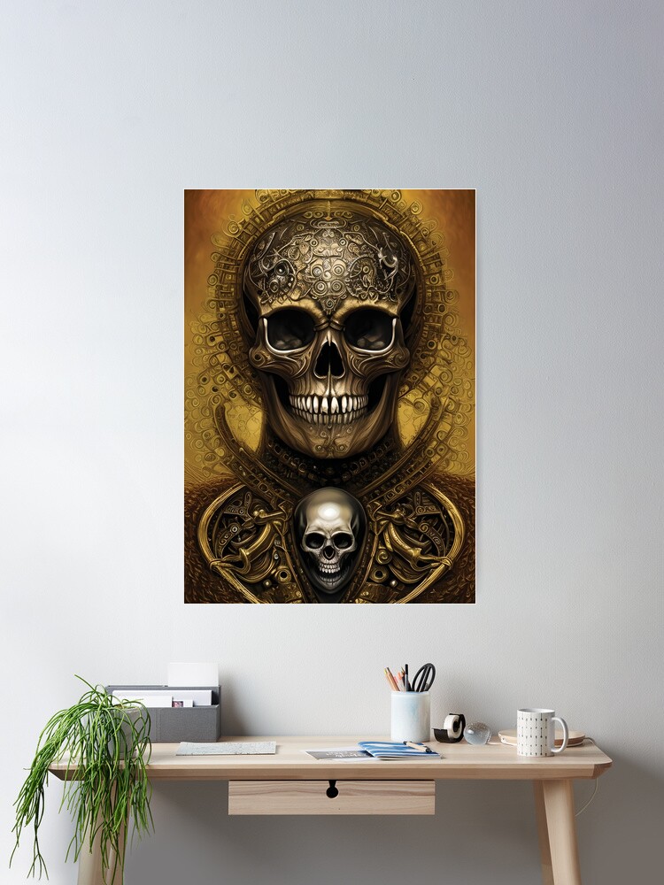 Blue and Gold Skull | Skull and Tentacles Artwork | Armored Skull |  Dystopian Skull | Warrior Skull | Poster