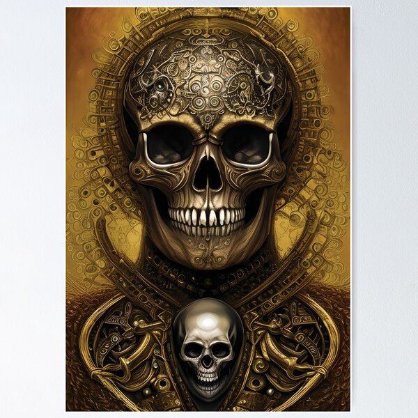 Blue and Gold Skull | Skull and Tentacles Artwork | Armored Skull |  Dystopian Skull | Warrior Skull | Poster