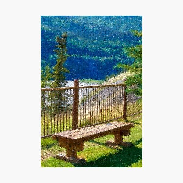 Item preview, Stylized photo of fence, benches,  and trees along Chena River in Fairbanks, AK. designed and sold by NaturaLight.