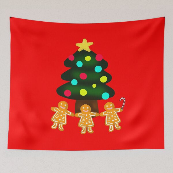Item preview, Three Gingerbread Men Under Merry Christmas Tree with Candy Cane with Red Background designed and sold by Karen Ekdahl.