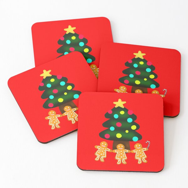 Item preview, Three Gingerbread Men Under Merry Christmas Tree with Candy Cane with Red Background designed and sold by Karen Ekdahl.