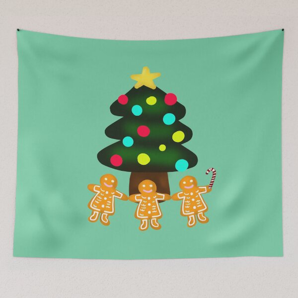 Item preview, Three Gingerbread Men Under Merry Christmas Tree with Candy Cane with Green Background designed and sold by Karen Ekdahl.