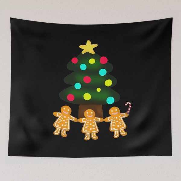 Item preview, Three Gingerbread Men Under Merry Christmas Tree with Candy Cane with Black Background designed and sold by Karen Ekdahl.