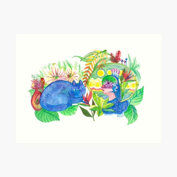 Galaxy Cat and Alien Girl in the Forest Art Print