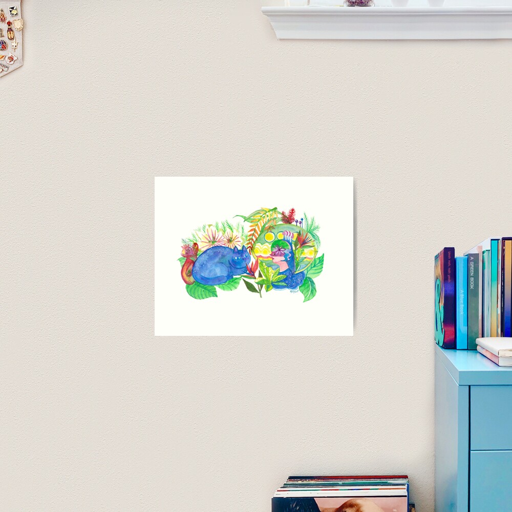 Galaxy Cat and Alien Girl in the Forest Art Print