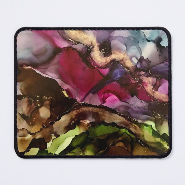 Distant Mountains - alcohol ink artwork with brown, magenta, green, gold and blue. Mouse Pad