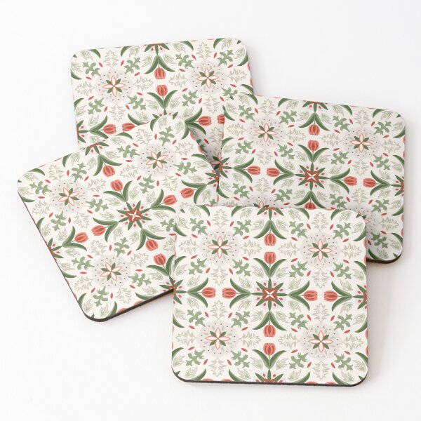 Item preview, Vintage Floral Tile - Green And Red designed and sold by FloraDayDesign.