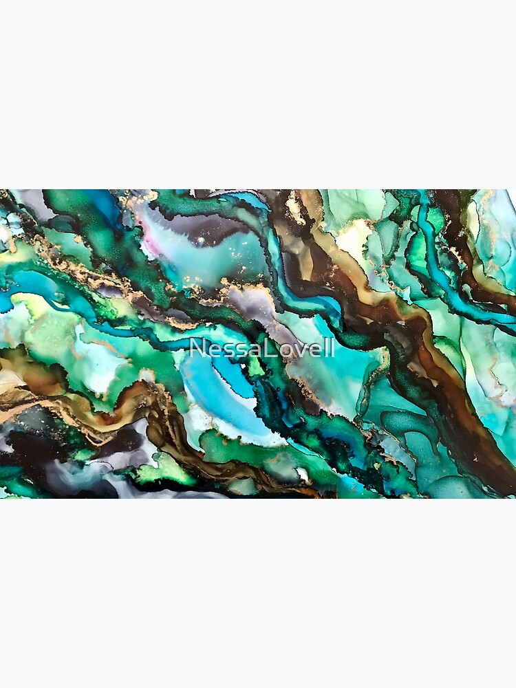 Mermaid Hair - Alcohol ink artwork with greens, blues, browns and gold by NessaLovell