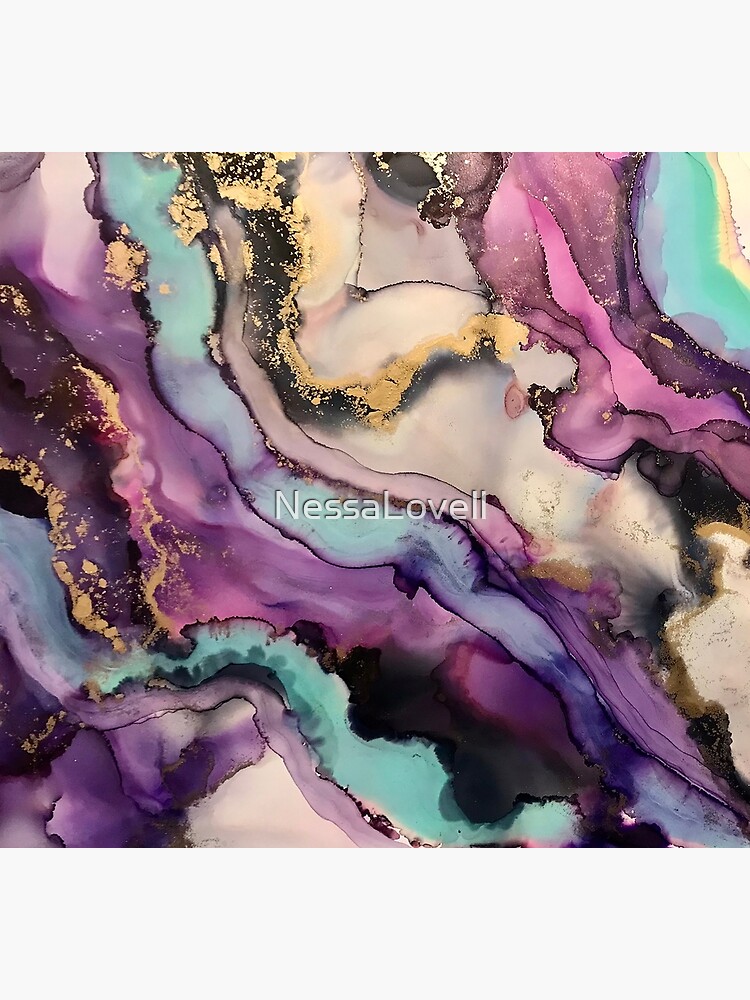 Ego - Alcohol ink artwork with grey, purple, pink, aqua, gold, white by NessaLovell