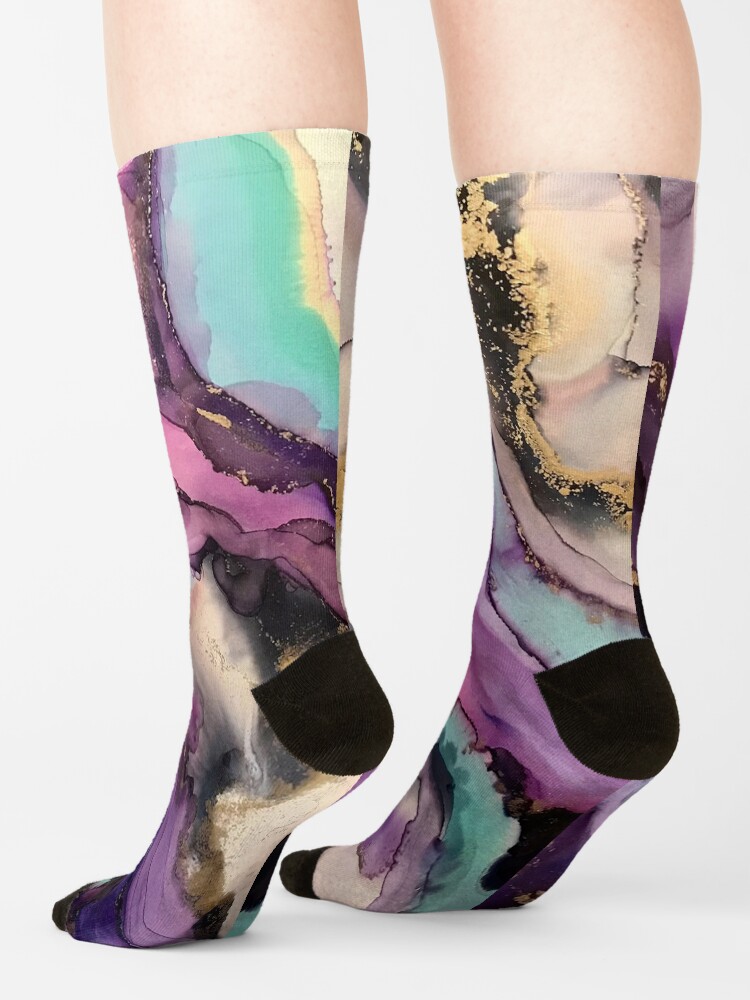 Alternate view of Ego - Alcohol ink artwork with grey, purple, pink, aqua, gold, white Socks