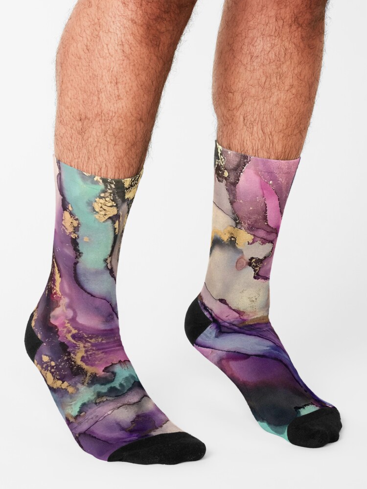 Alternate view of Ego - Alcohol ink artwork with grey, purple, pink, aqua, gold, white Socks