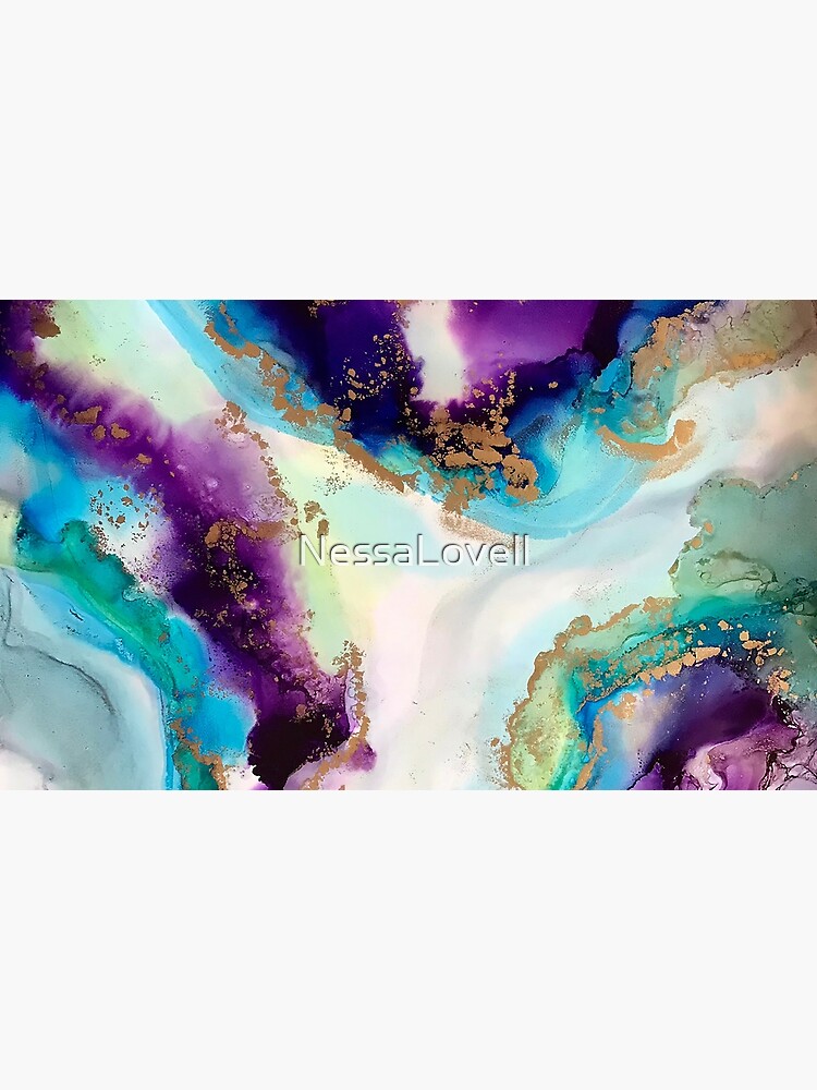 Fluorite - alcohol ink artwork with purple, aqua, gold and white by NessaLovell
