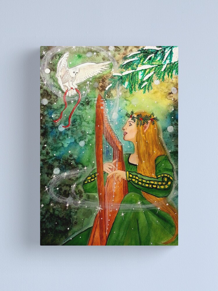Thumbnail 1 of 3, Canvas Print, Gifts Given, Gifts Returned - Elf Maiden Harp Player and Owl Friend designed and sold by CarolOchs.