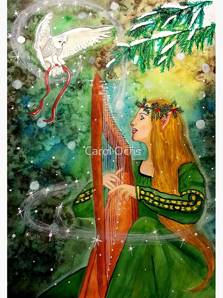 Thumbnail 3 of 3, Canvas Print, Gifts Given, Gifts Returned - Elf Maiden Harp Player and Owl Friend designed and sold by CarolOchs.