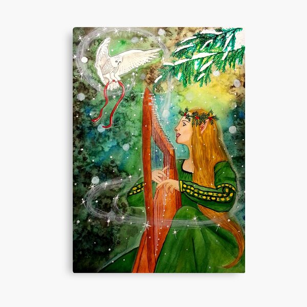 Gifts Given, Gifts Returned - Elf Maiden Harp Player and Owl Friend Canvas Print
