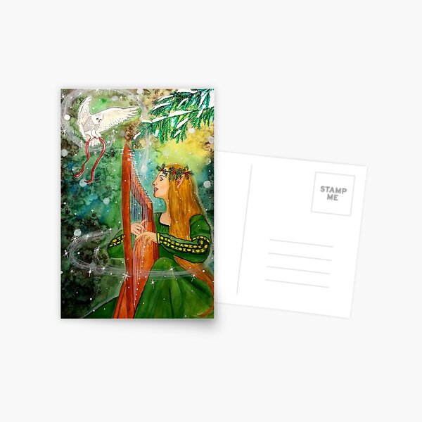 Gifts Given, Gifts Returned - Elf Maiden Harp Player and Owl Friend Postcard