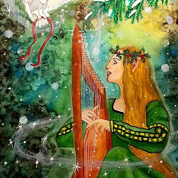 Artwork thumbnail, Gifts Given, Gifts Returned - Elf Maiden Harp Player and Owl Friend by Carol Ochs