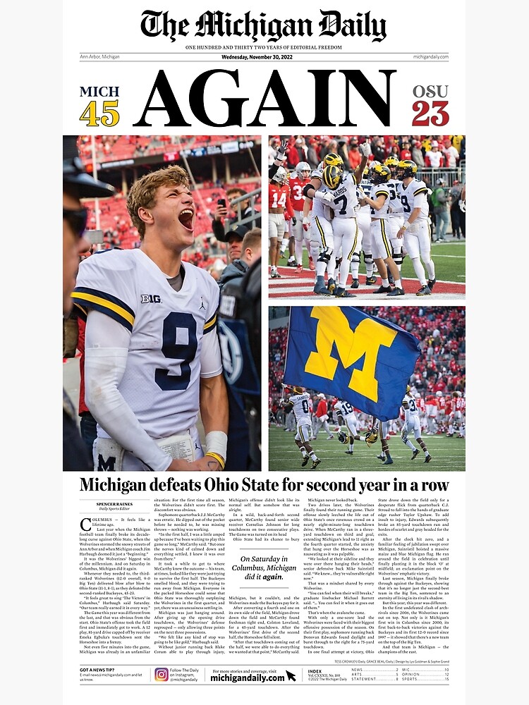 Discover 11/30 The Michigan Daily Front Cover (Michigan vs. OSU) Canvas