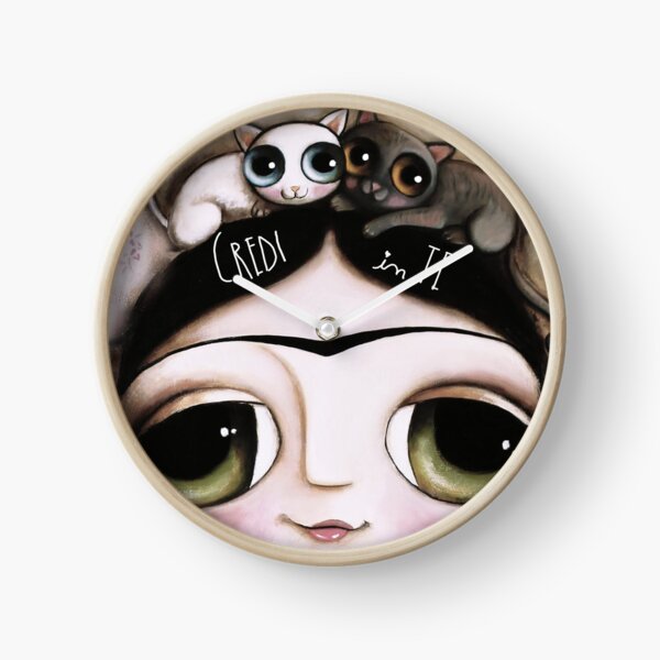 The doll black hair and green eyes with animals cat and Lamb Clock