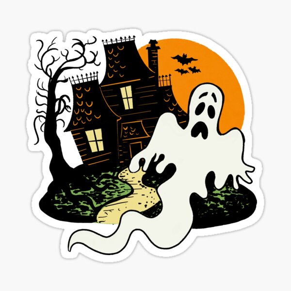Retro Spooky Halloween Ghost Haunted House Sticker