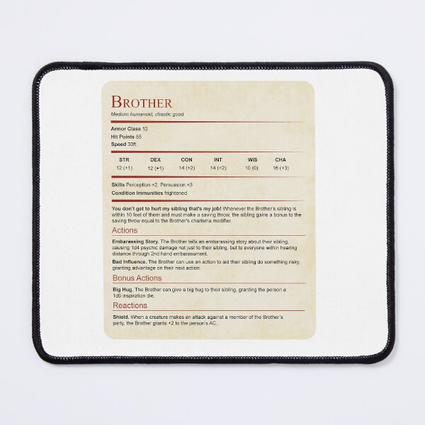 Item preview, D&D Brother Stat Block Gift designed and sold by sunburstrpg.