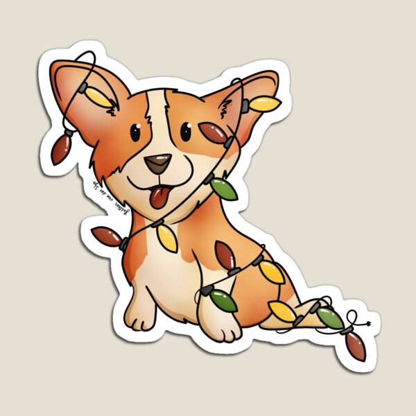 Little Cute Corgi Tangled in Christmas Lights On Emerald Green Magnet