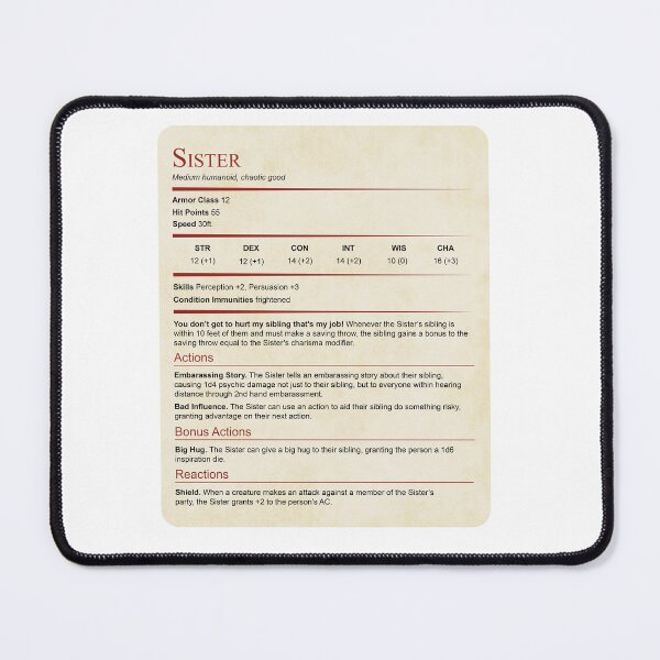 Item preview, D&D Sister Stat Block Gift designed and sold by sunburstrpg.