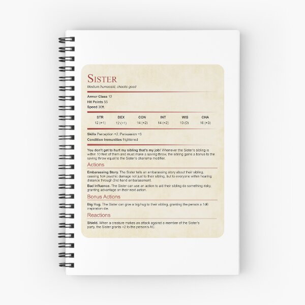 Item preview, D&D Sister Stat Block Gift designed and sold by sunburstrpg.