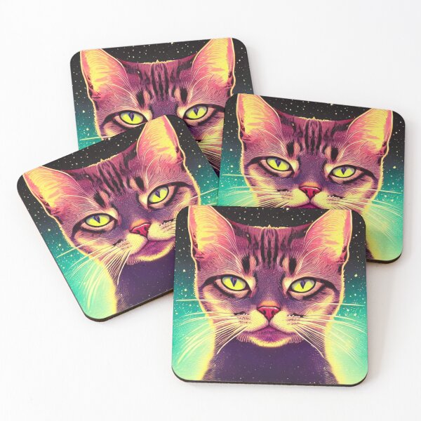 Item preview, cara seria de un gato con ojos amarillos contra un fondo de noche estrellada designed and sold by ValleyDream.